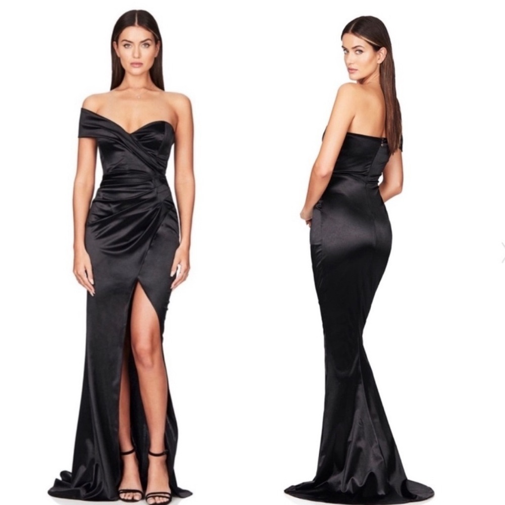 Nookie Off the Shoulder Zodiac Gown Black Satin Corset Side Slit Train Size M